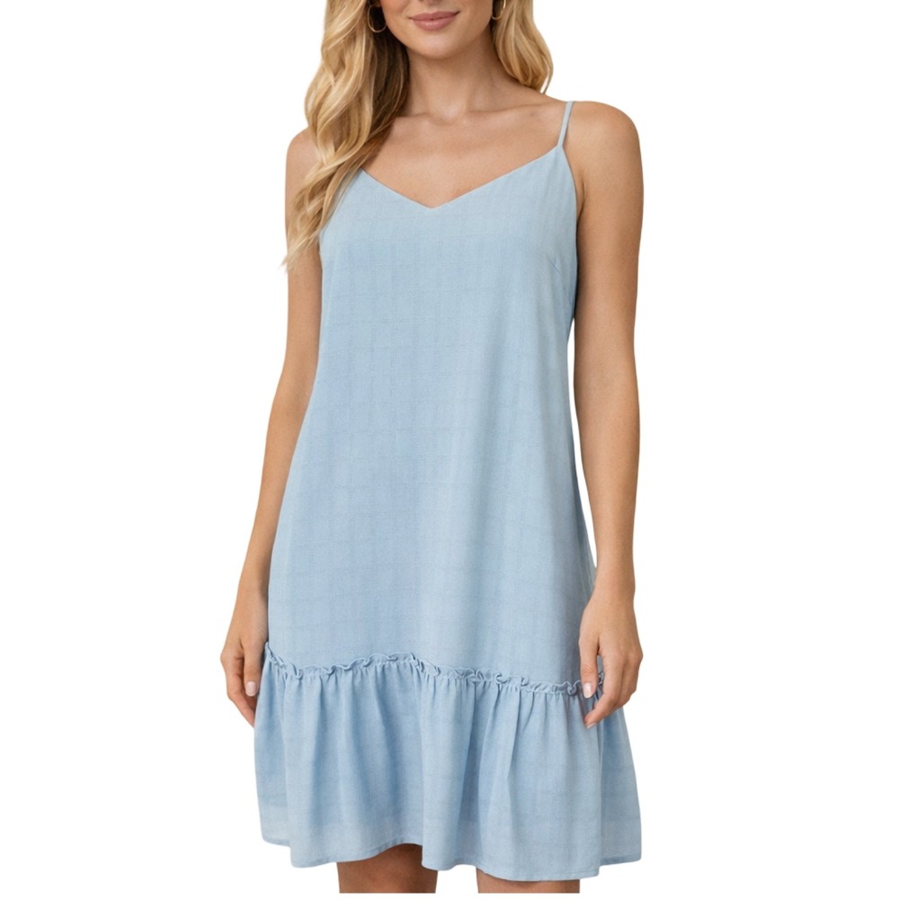 Lola Grace‎ Womens Light Blue Grid Texture Ruffle Hem Cami Mini Dress Large NEW
